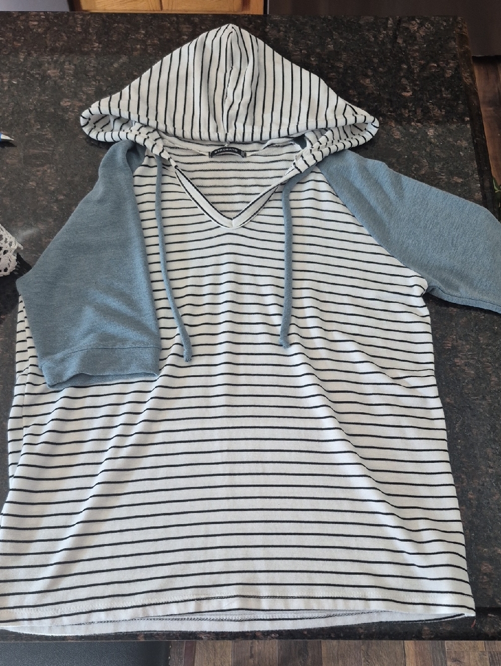 Striped Hooded Tee with Blue Raglan Sleeves